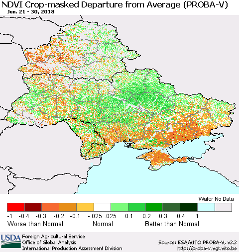 Ukraine, Moldova and Belarus NDVI Crop-masked Departure from Average (PROBA-V) Thematic Map For 6/21/2018 - 6/30/2018