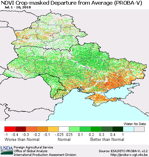 Ukraine, Moldova and Belarus NDVI Crop-masked Departure from Average (PROBA-V) Thematic Map For 7/1/2018 - 7/10/2018