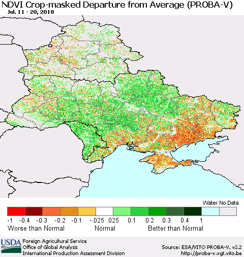 Ukraine, Moldova and Belarus NDVI Crop-masked Departure from Average (PROBA-V) Thematic Map For 7/11/2018 - 7/20/2018