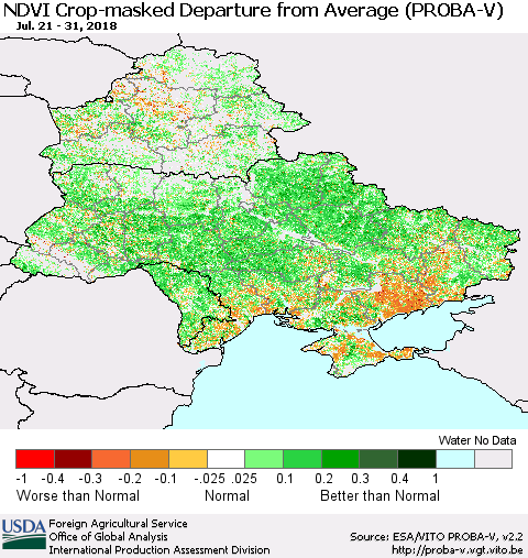 Ukraine, Moldova and Belarus NDVI Crop-masked Departure from Average (PROBA-V) Thematic Map For 7/21/2018 - 7/31/2018