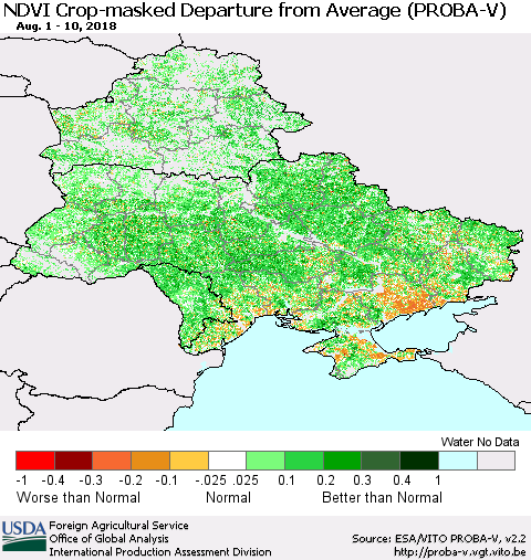 Ukraine, Moldova and Belarus NDVI Crop-masked Departure from Average (PROBA-V) Thematic Map For 8/1/2018 - 8/10/2018
