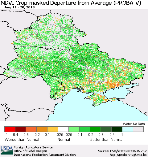 Ukraine, Moldova and Belarus NDVI Crop-masked Departure from Average (PROBA-V) Thematic Map For 8/11/2018 - 8/20/2018