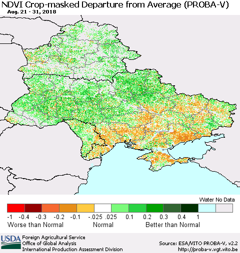 Ukraine, Moldova and Belarus NDVI Crop-masked Departure from Average (PROBA-V) Thematic Map For 8/21/2018 - 8/31/2018