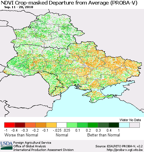 Ukraine, Moldova and Belarus NDVI Crop-masked Departure from Average (PROBA-V) Thematic Map For 9/11/2018 - 9/20/2018