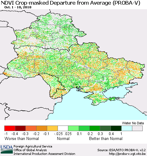 Ukraine, Moldova and Belarus NDVI Crop-masked Departure from Average (PROBA-V) Thematic Map For 10/1/2018 - 10/10/2018