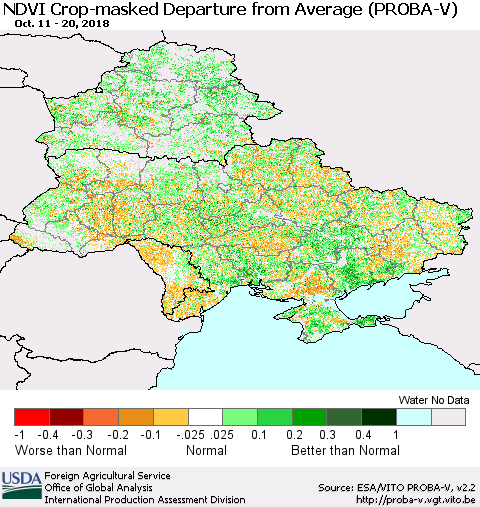 Ukraine, Moldova and Belarus NDVI Crop-masked Departure from Average (PROBA-V) Thematic Map For 10/11/2018 - 10/20/2018