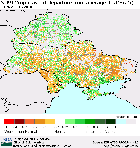 Ukraine, Moldova and Belarus NDVI Crop-masked Departure from Average (PROBA-V) Thematic Map For 10/21/2018 - 10/31/2018