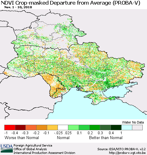 Ukraine, Moldova and Belarus NDVI Crop-masked Departure from Average (PROBA-V) Thematic Map For 11/1/2018 - 11/10/2018