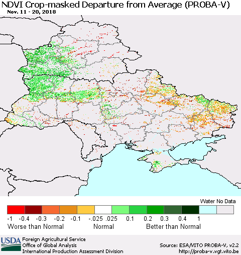 Ukraine, Moldova and Belarus NDVI Crop-masked Departure from Average (PROBA-V) Thematic Map For 11/11/2018 - 11/20/2018