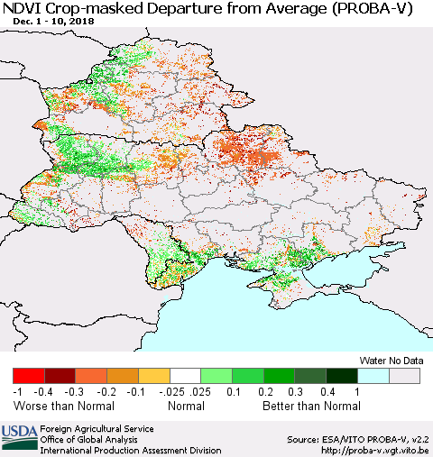 Ukraine, Moldova and Belarus NDVI Crop-masked Departure from Average (PROBA-V) Thematic Map For 12/1/2018 - 12/10/2018