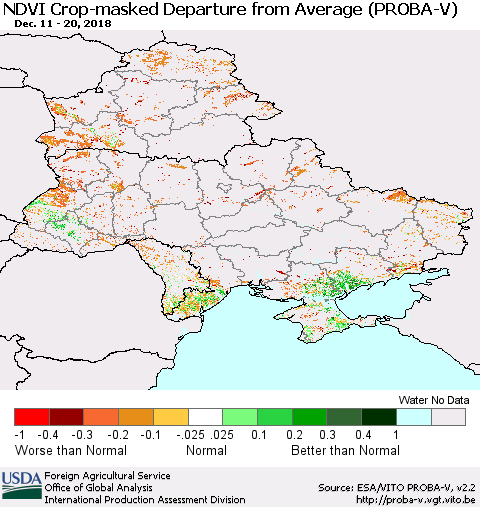 Ukraine, Moldova and Belarus NDVI Crop-masked Departure from Average (PROBA-V) Thematic Map For 12/11/2018 - 12/20/2018