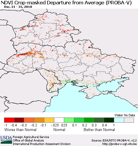 Ukraine, Moldova and Belarus NDVI Crop-masked Departure from Average (PROBA-V) Thematic Map For 12/21/2018 - 12/31/2018