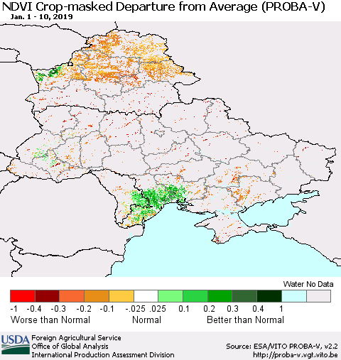 Ukraine, Moldova and Belarus NDVI Crop-masked Departure from Average (PROBA-V) Thematic Map For 1/1/2019 - 1/10/2019