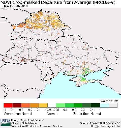 Ukraine, Moldova and Belarus NDVI Crop-masked Departure from Average (PROBA-V) Thematic Map For 1/11/2019 - 1/20/2019