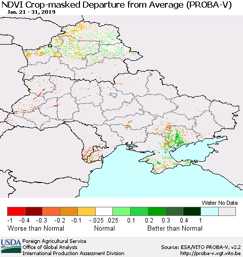 Ukraine, Moldova and Belarus NDVI Crop-masked Departure from Average (PROBA-V) Thematic Map For 1/21/2019 - 1/31/2019