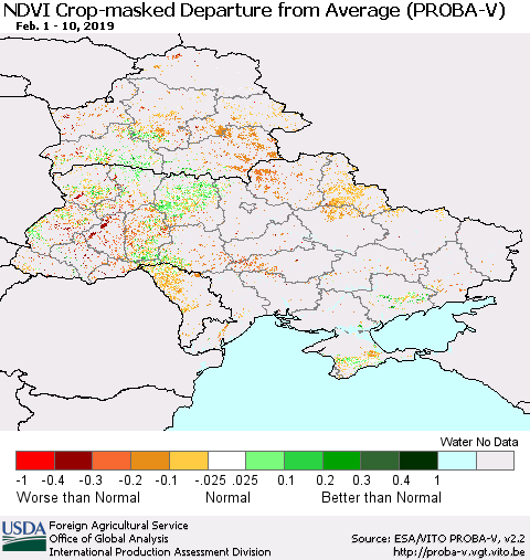 Ukraine, Moldova and Belarus NDVI Crop-masked Departure from Average (PROBA-V) Thematic Map For 2/1/2019 - 2/10/2019
