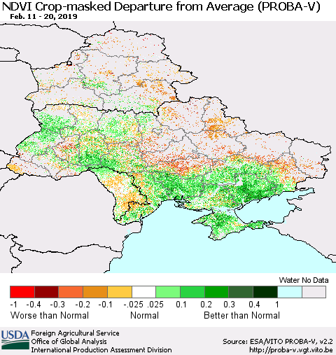Ukraine, Moldova and Belarus NDVI Crop-masked Departure from Average (PROBA-V) Thematic Map For 2/11/2019 - 2/20/2019