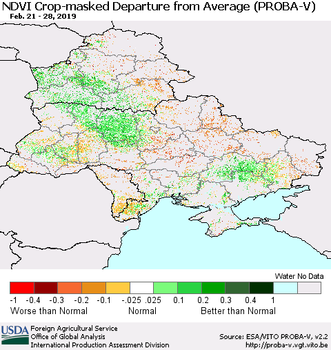 Ukraine, Moldova and Belarus NDVI Crop-masked Departure from Average (PROBA-V) Thematic Map For 2/21/2019 - 2/28/2019