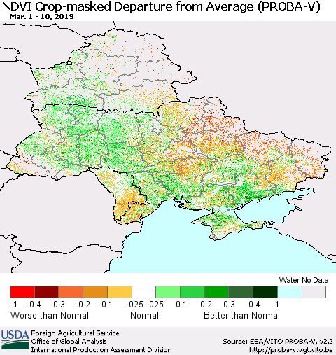 Ukraine, Moldova and Belarus NDVI Crop-masked Departure from Average (PROBA-V) Thematic Map For 3/1/2019 - 3/10/2019