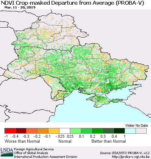 Ukraine, Moldova and Belarus NDVI Crop-masked Departure from Average (PROBA-V) Thematic Map For 3/11/2019 - 3/20/2019