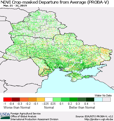 Ukraine, Moldova and Belarus NDVI Crop-masked Departure from Average (PROBA-V) Thematic Map For 3/21/2019 - 3/31/2019