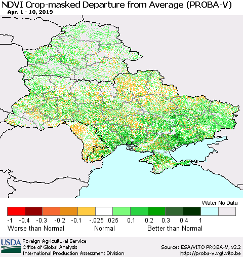 Ukraine, Moldova and Belarus NDVI Crop-masked Departure from Average (PROBA-V) Thematic Map For 4/1/2019 - 4/10/2019
