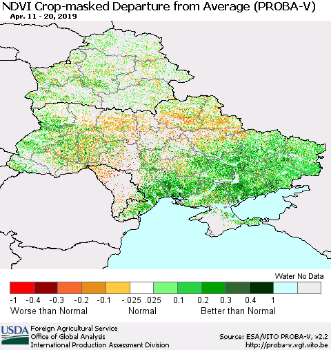 Ukraine, Moldova and Belarus NDVI Crop-masked Departure from Average (PROBA-V) Thematic Map For 4/11/2019 - 4/20/2019