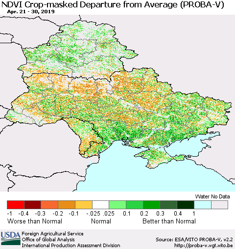 Ukraine, Moldova and Belarus NDVI Crop-masked Departure from Average (PROBA-V) Thematic Map For 4/21/2019 - 4/30/2019