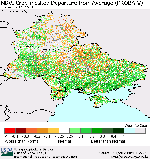 Ukraine, Moldova and Belarus NDVI Crop-masked Departure from Average (PROBA-V) Thematic Map For 5/1/2019 - 5/10/2019