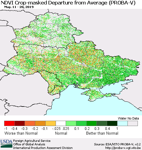 Ukraine, Moldova and Belarus NDVI Crop-masked Departure from Average (PROBA-V) Thematic Map For 5/11/2019 - 5/20/2019