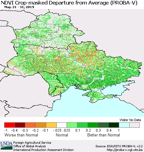Ukraine, Moldova and Belarus NDVI Crop-masked Departure from Average (PROBA-V) Thematic Map For 5/21/2019 - 5/31/2019