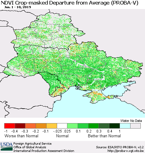 Ukraine, Moldova and Belarus NDVI Crop-masked Departure from Average (PROBA-V) Thematic Map For 6/1/2019 - 6/10/2019