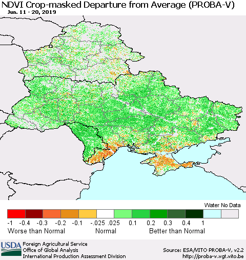 Ukraine, Moldova and Belarus NDVI Crop-masked Departure from Average (PROBA-V) Thematic Map For 6/11/2019 - 6/20/2019