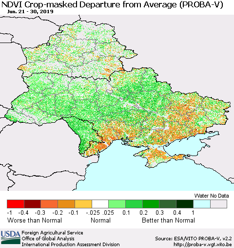 Ukraine, Moldova and Belarus NDVI Crop-masked Departure from Average (PROBA-V) Thematic Map For 6/21/2019 - 6/30/2019