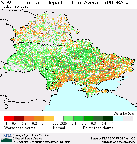 Ukraine, Moldova and Belarus NDVI Crop-masked Departure from Average (PROBA-V) Thematic Map For 7/1/2019 - 7/10/2019