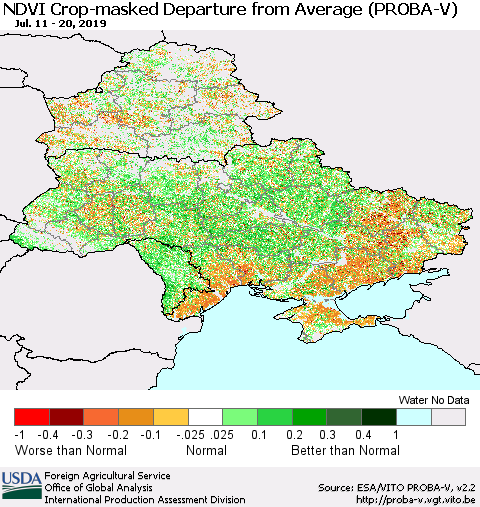 Ukraine, Moldova and Belarus NDVI Crop-masked Departure from Average (PROBA-V) Thematic Map For 7/11/2019 - 7/20/2019