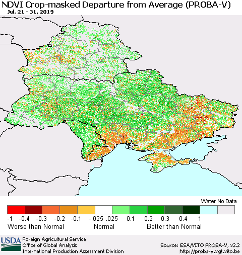 Ukraine, Moldova and Belarus NDVI Crop-masked Departure from Average (PROBA-V) Thematic Map For 7/21/2019 - 7/31/2019