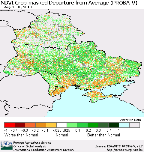Ukraine, Moldova and Belarus NDVI Crop-masked Departure from Average (PROBA-V) Thematic Map For 8/1/2019 - 8/10/2019