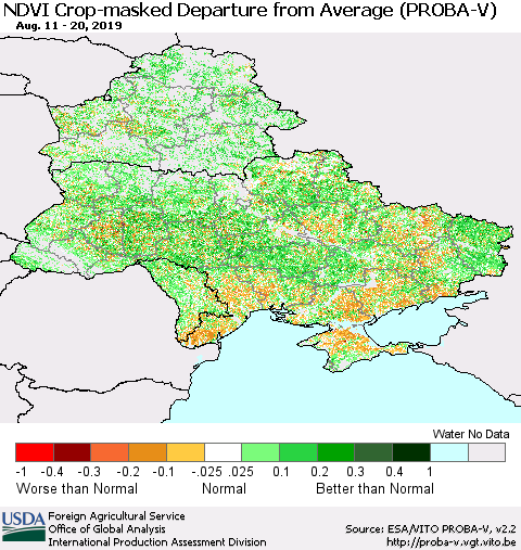 Ukraine, Moldova and Belarus NDVI Crop-masked Departure from Average (PROBA-V) Thematic Map For 8/11/2019 - 8/20/2019