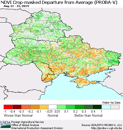 Ukraine, Moldova and Belarus NDVI Crop-masked Departure from Average (PROBA-V) Thematic Map For 8/21/2019 - 8/31/2019