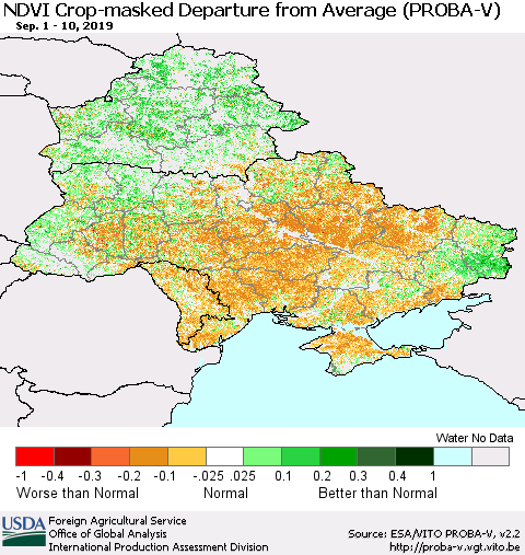 Ukraine, Moldova and Belarus NDVI Crop-masked Departure from Average (PROBA-V) Thematic Map For 9/1/2019 - 9/10/2019