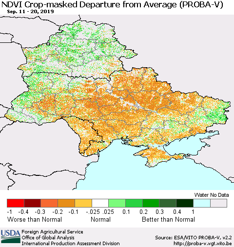 Ukraine, Moldova and Belarus NDVI Crop-masked Departure from Average (PROBA-V) Thematic Map For 9/11/2019 - 9/20/2019