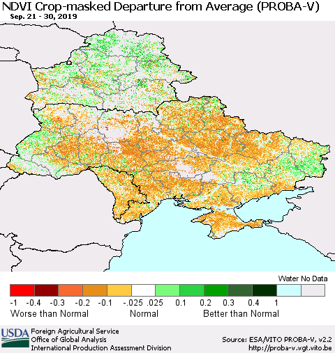 Ukraine, Moldova and Belarus NDVI Crop-masked Departure from Average (PROBA-V) Thematic Map For 9/21/2019 - 9/30/2019