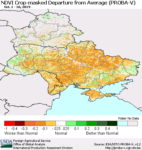 Ukraine, Moldova and Belarus NDVI Crop-masked Departure from Average (PROBA-V) Thematic Map For 10/1/2019 - 10/10/2019
