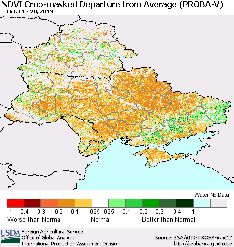 Ukraine, Moldova and Belarus NDVI Crop-masked Departure from Average (PROBA-V) Thematic Map For 10/11/2019 - 10/20/2019
