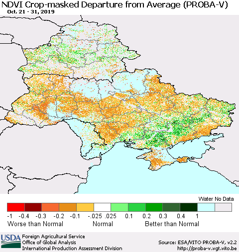 Ukraine, Moldova and Belarus NDVI Crop-masked Departure from Average (PROBA-V) Thematic Map For 10/21/2019 - 10/31/2019