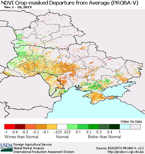 Ukraine, Moldova and Belarus NDVI Crop-masked Departure from Average (PROBA-V) Thematic Map For 11/1/2019 - 11/10/2019