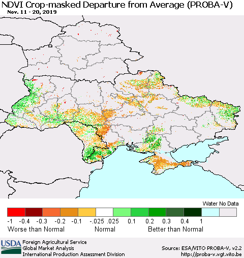 Ukraine, Moldova and Belarus NDVI Crop-masked Departure from Average (PROBA-V) Thematic Map For 11/11/2019 - 11/20/2019