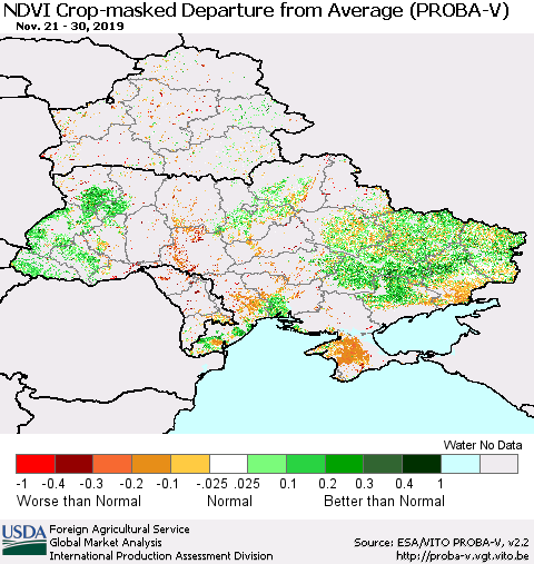 Ukraine, Moldova and Belarus NDVI Crop-masked Departure from Average (PROBA-V) Thematic Map For 11/21/2019 - 11/30/2019