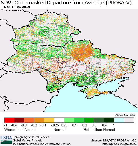 Ukraine, Moldova and Belarus NDVI Crop-masked Departure from Average (PROBA-V) Thematic Map For 12/1/2019 - 12/10/2019